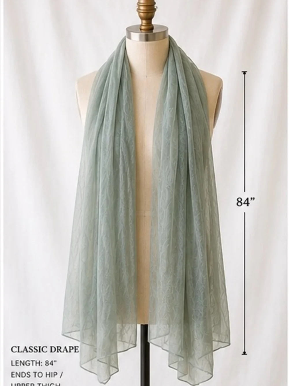 Carmen Marc Valvo 100% Silk Sage Green Chiffon Long Scarf Wrap Shawl 84”